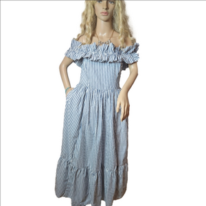 Abercrombie & Fitch Blue White StripedOff-the-Shoulder Maxi Dress Small Tall